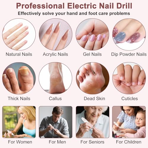 Cordless Electric Nail File Drill Set, Rechargeable Toe Nail Filer and Buffer, Toenail Grinder for Thick Toenails, Professional Manicure Pedicure Kit, Hand Feet Nails Care Tool for Women Men Human