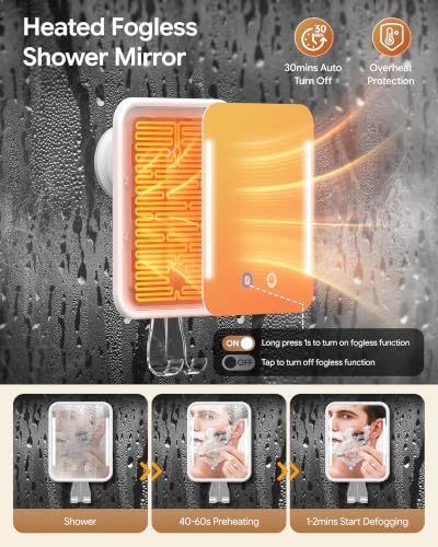Gospire White Fogless Shower Mirror with Light & 5000mAh Battery - Adjustable & Suction Mount