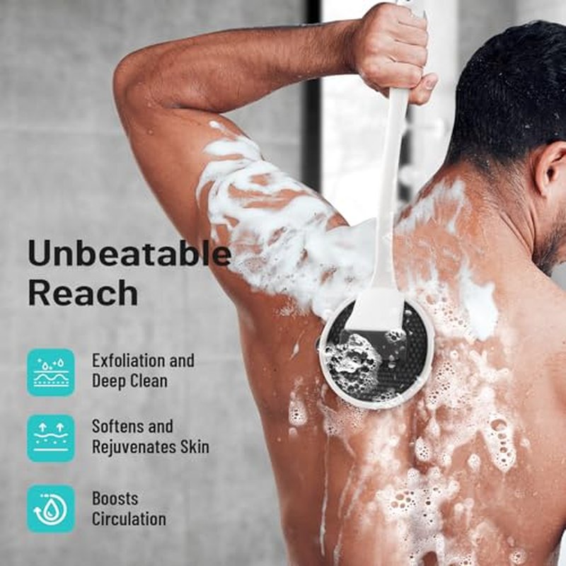 MIHJVLIFE Silicone Back Scrubber for Shower, 16in Lengthen Detachable Long Handle Body Brush, Bristles Loofah for Gentle Exfoliating and Massage Can Produce Rich Foam, Back Scrubber for Men