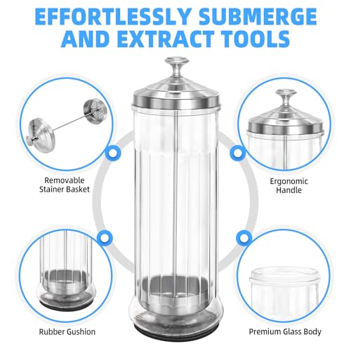 Glass Disinfectant Jar with anti-slip pad 53 Oz/1500ML, Barber Disinfectant Jar With Removable Basket, Large Sterilizing for Manicure & Pedicure Implements Stainless Steel 11.7"H x 3.8"W