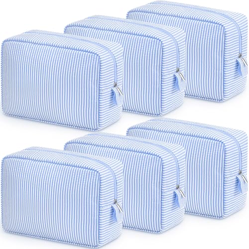 Sanwuta 6 Seersucker Cosmetic Bag Bulk Pinstripe Makeup Bag for Women Aesthetic Cute Travel Toiletry Organizer Preppy Storage Pouch for Wedding Bridesmaid Christmas Gift (Large,Light Blue)