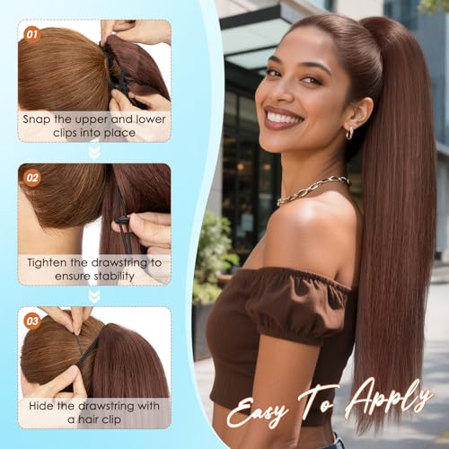 S-noilite 24 Inch Long Yaki Straight Ponytail Extension for Black Women Natural Black