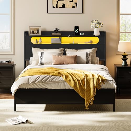 CHOEZON Queen Headboard with Storage, Charging Station & LED Light, Adjustable Metal Frame, Black