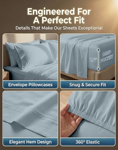 Queen Cotton Sheet Set 600TC Silky Sateen Weave French Blue - 4 Piece