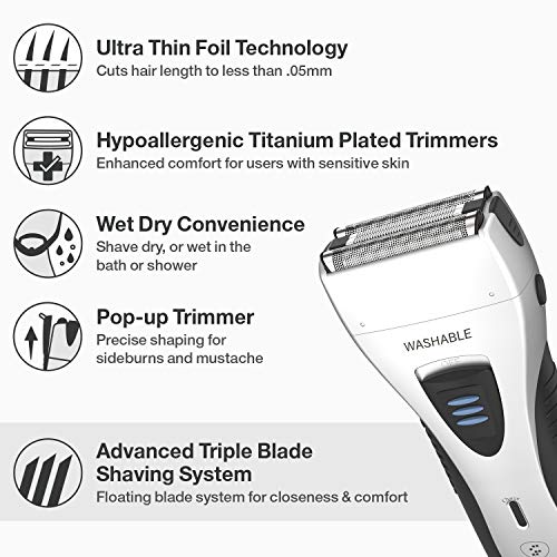 YASUN Foil Shaver - Electric Razor, Wet/Dry IPX7 Waterproof, Pop-up Beard Trimmer, Cordless Rechargeable Mens Razor - YS5800 Silver & Black