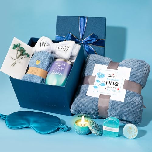 Blue Gift Basket for Women - Self Care Set with Blanket, Candle, Tumbler & More