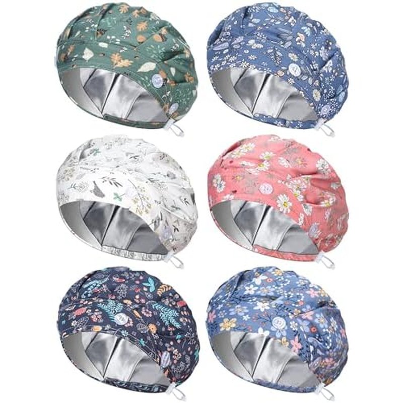 6 Pcs Satin Lined Scrub Caps Women Nurse Surgical Hat with Buttons Ponytail Working Adjustable Pouch Tie Back(Classic Style)