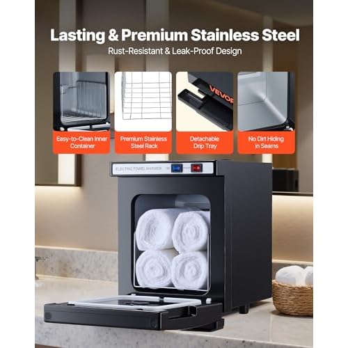 VEVOR Hot Towel Warmer, 5L Small Towel Warmer Cabinet with Clip & Stainless Steel Rack, Holds up 8-12 Towels, Portable All-Round Heating Cabinet for Spa, Barber, Manicures, Massage, Salon, Black