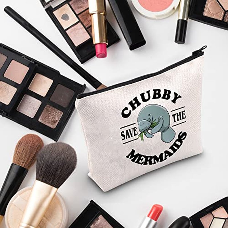 G2TUP Sea Manatee Lover Gift Save The Chubby Mermaids Makeup Bag Manatee Sea Cow Cosmetic Bag Animal Lover Gift Zipper Travel Bag (Save The Chubby Mermaids White Bag)