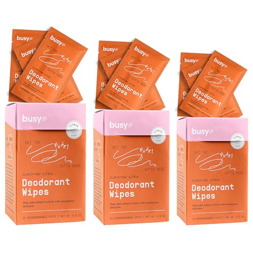 BUSYCO Refresh Line Citrus Deodorant Wipes 15 Count - Pack of 3, Natural Odor & Sweat Control, Aluminum-Free