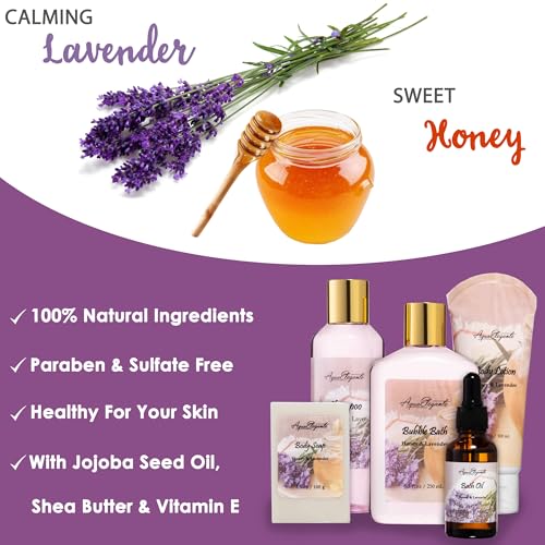 Spa Baskets For Women - Luxury Bath Set With Honey & Lavender - Spa Kit Includes Wash, Bubble Bath, Lotion, Bath Salts, Body Scrub, Body Spray, Shower Puff, Bathbombs, Soap and Towel