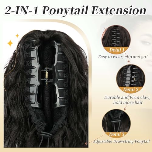 Ombre Black to Pink Long Wavy Ponytail Extensions - 30 Inch Clip-In Hairpiece