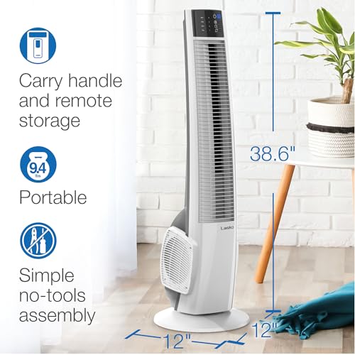 Lasko Oscillating Tower Fan with Remote Control for Bedroom & Office – 4 Quiet Speeds, 38" White, Model T38400
