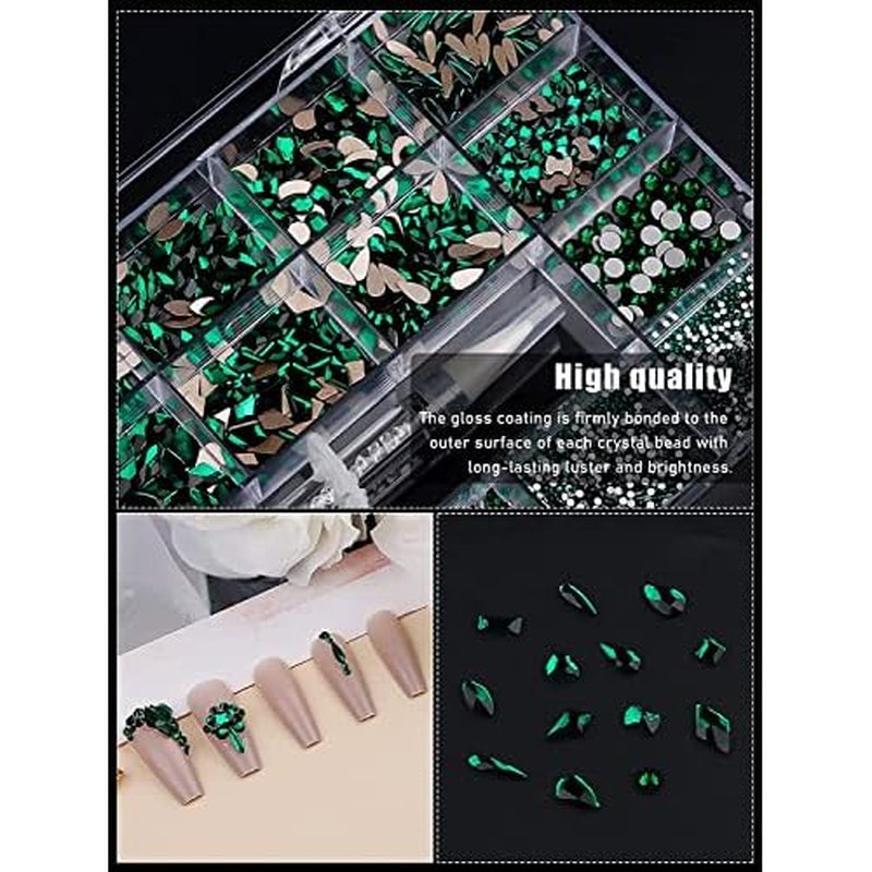 3100Pcs Green Rhinestones for Nail, EBANKU 12 Types of 600 Nail Diamonds +2500 Flat Rhinestones Kit Mixed Shape AB Nail Gems Jewels with Rhinestone Picker Dotting Pen Tweezers