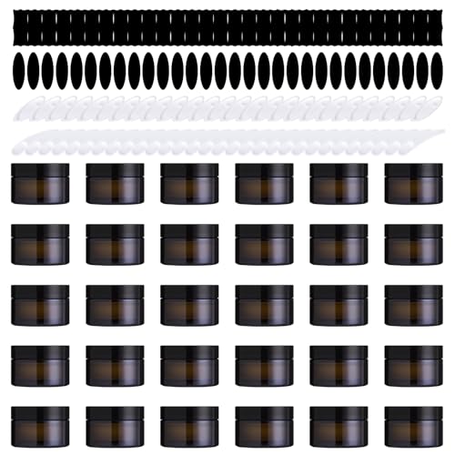 Yauhar 30g Amber Glass Jars Set with Inner Liners, Lids, Spoons & Labels for Cosmetics