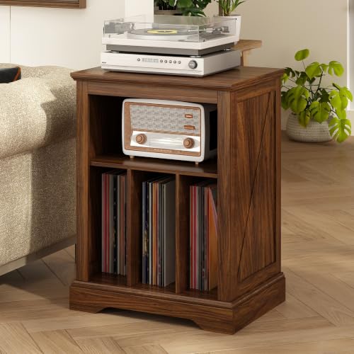 Rustic Brown Farmhouse Record Player Stand with Vinyl Storage & Cable Management
