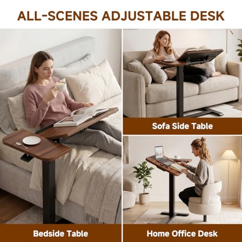 GTPLAYER Walnut Pneumatic Adjustable Standing Desk with Wheels - 28 Inch Tiltable Mobile Laptop Table for Home Office or Bedside