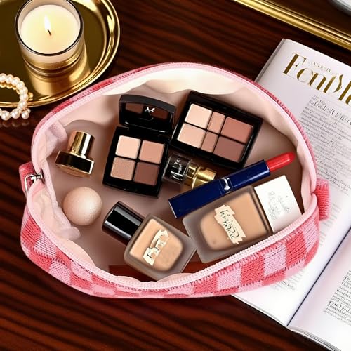 Pink Checkered Makeup Bags Set - 6 Pack Gift for Women, Bridesmaids & Teachers