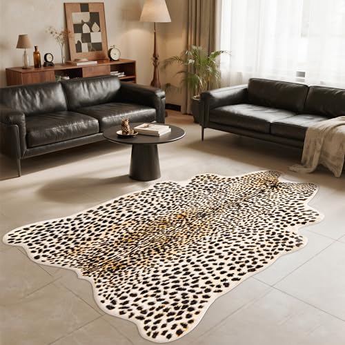 FelisLuxe Leopard Rug 5'2 x 6'6 Irregular Animal Print Carpet - Faux Fur, Non-Slip Backing