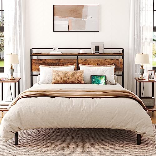 Queen Size Headboard with Outlets & USB Ports, Rustic Brown & Black, Adjustable Storage Rack