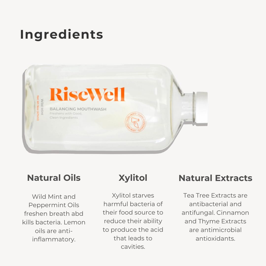 RiseWell Balancing Mouthwash - PH Balancing Alkaline Alcohol Free Mouthwash - Dentist Developed Dry Mouth Rinse - No Added Fluoride and SLS-Free - Wild Mint, 16 Oz