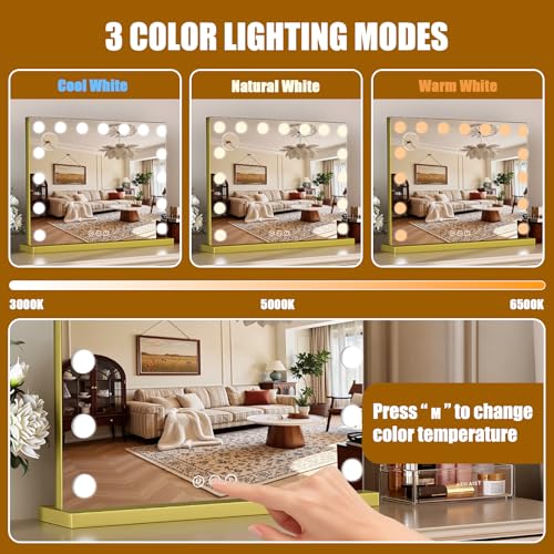 Vanity Mirror with Lights, 23"¡¿18" Large Hollywood Makeup Mirror with 15 Dimmable Bulbs, 3-Color Lighting, Dimmable, 10x Magnification, Desk Mirror, Bedroom (Gold)