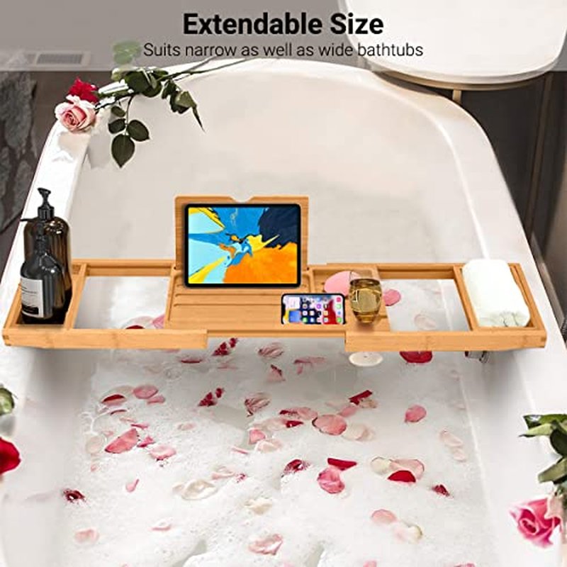 ADOV Bathtub Tray, Foldable Bamboo Bathtub Caddy, Adjustable Bath Tray for Tub with Book Rest, Phone, Tablet, Candle, Towel, Glass Holder, Extendable Wooden Bath-Shelf Fits Most Bathtubs Sizes