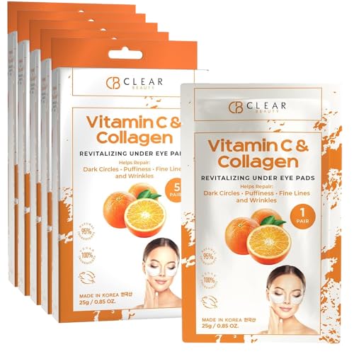 Clear Beauty Vitamin C & Collagen Under Eye Patches ? Reduces Dark Circles, Puffiness & Fine Lines ? Hydrating & Firming Eye Pads ? Dermatologist Tested, Korean Skin Care, Vegan Clean Beauty ? 5 Pack