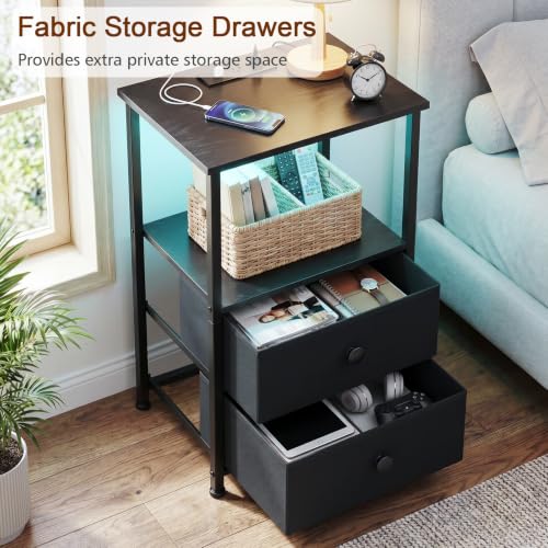 Set of 2 Nightstands with LED RGB Lights and Charging Stations - Black Variation