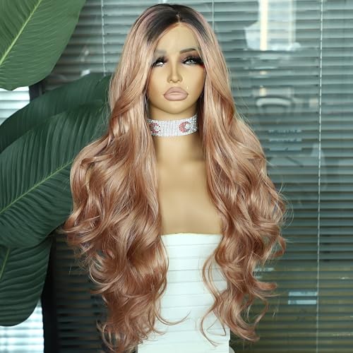 Pink Lace Front Wig for Women - Long Body Wave Ombre Khaki Pink, 26 Inches, Glueless Synthetic Hair