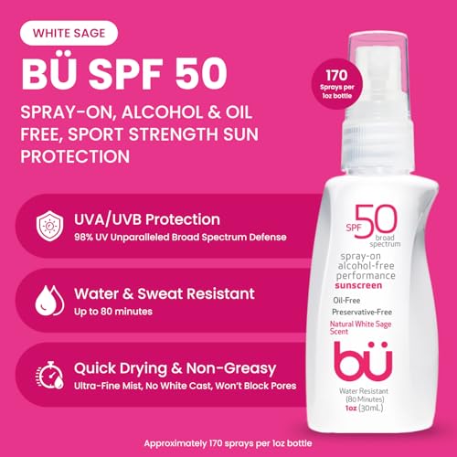 bü SPF 50 Sunscreen Spray for Face & Body, White Sage, 1 oz (3 Pack) – Water-Resistant, Non-Greasy, Travel Size