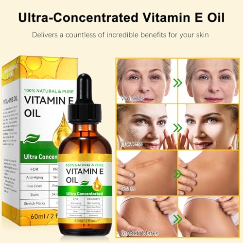 WHLH & WELL-BEING Pure Vitamin E Oil for Skin Face Hair Scars, Moisturizing Dry Skin Winkles Hair and Scalp Pack of 2