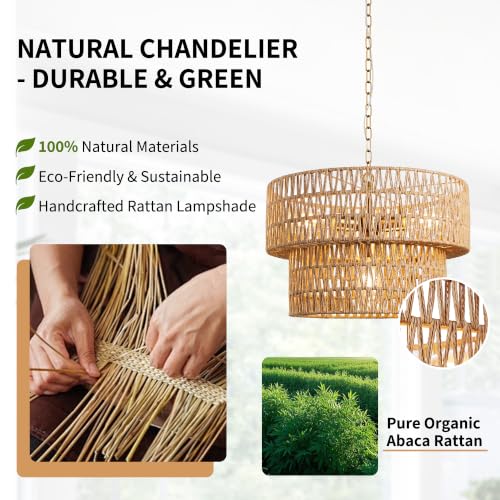 Brown V-2Tier 17.7 inch Boho Rattan Pendant Light Fixture with Wicker Shade