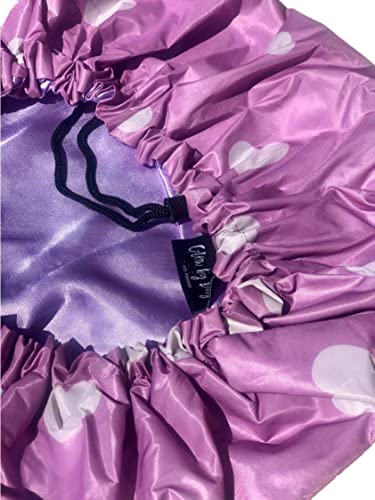 Reversible Satin Lined Shower Cap for Hair Protection - Large Pink Heart Variation