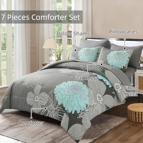 Yiran Floral Comforter Set California King Size 7 Pieces Grey Bed in a Bag - Variation: Grey / California King 104x96