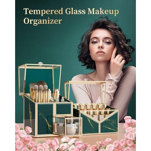 Makeup Organizer Countertop Set ? Vanity Holder with 18-Slot Lipstick Organizer & Covered Makeup Brush Holder ? Skincare, Perfume & Cosmetic Display for Bathroom or Dresser