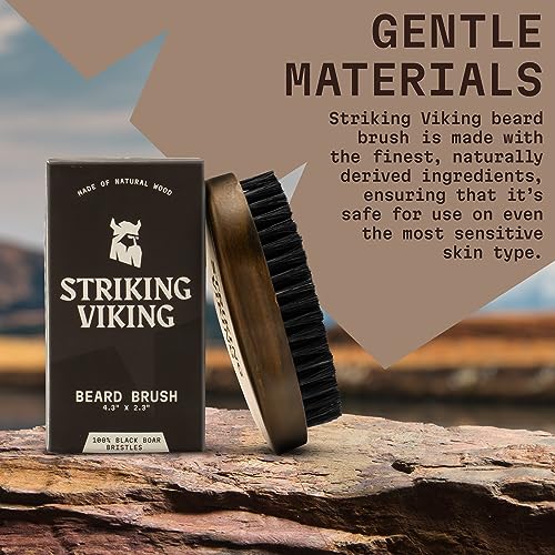 Striking Viking Beard Brush for Men - 4.3 in Beech Wood Handle, Brown - Boar Bristle Beard Brush & Grooming Comb - Travel Size Pocket Groomer