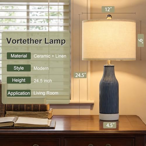 23.5" Bedside Lamps Set of 2, Blue Ceramic Table Lamp for Bedroom