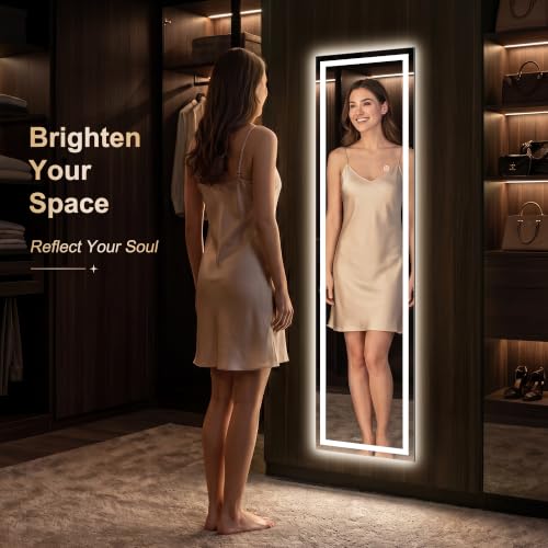 White LED Full Length Mirror 56x16 Inches with Lights, Dimmable & 3 Color Modes - Standing, Leaning, Wall Mountable Vanity Mirror