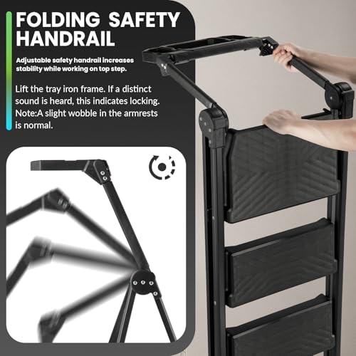 Heavy Duty Steel 4 Step Ladder with Foldable Handrail & Tool Tray - Black