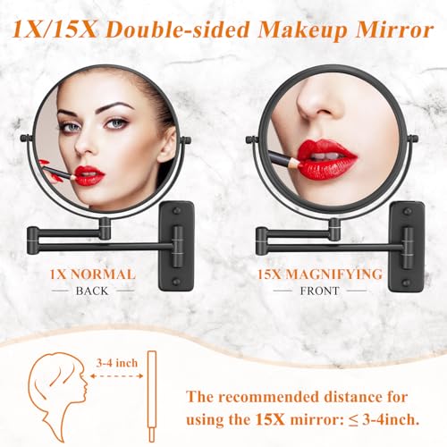 DECLUTTR 1X/15X Wall Mounted Makeup Mirror, 8" Double Sided Vanity Magnifying Mirror, 360¡Æ Swivel Extendable Bathroom Make Up Mirror, Black