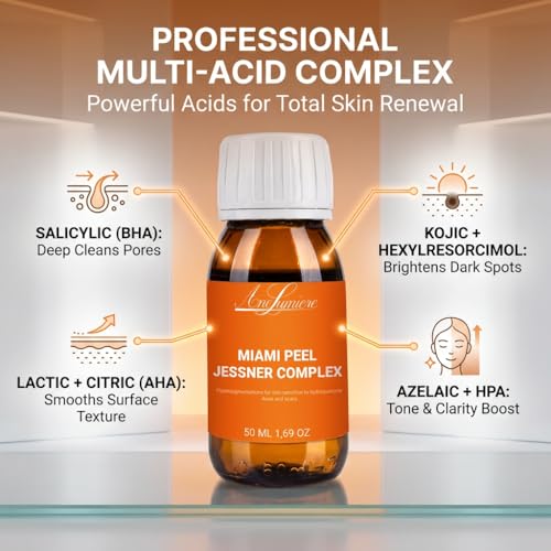Miami Jessner Complex Chemical Peel for Face Exfoliating Facial Peel with Salicylic, Lactic & Kojic Blend - Skin Peel for Dark Spots Uneven Tone & Dullness - Professional Peeling 1.7 fl oz