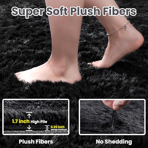 Fuzziness 8x10 Black Fluffy Shag Area Rug - Ultra Soft Plush Carpet for Living Room & Bedroom