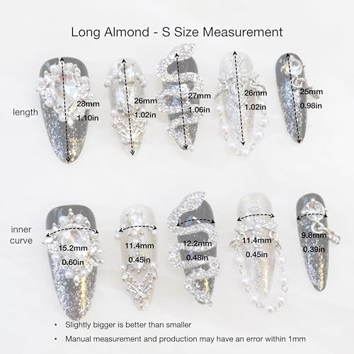 Luxury Long Almond Press-On Nails, Black and Silver Glitter with 3D Rhinestones and Pearl Accents, Handmade False Nail 10 Pieces (Small, LS)