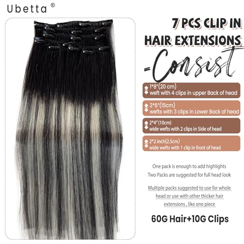 Clip in Hair Extensions - 16 Inch Ombré Black Silver Balayage - 7 pcs Remy Human Hair