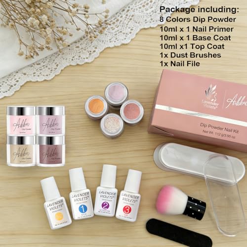 Dip Powder Nail Kit 8 Colors with Blush & Lavender Dreams Variation - Manicure Set with Primer, Top Coat, Activator & Glitter