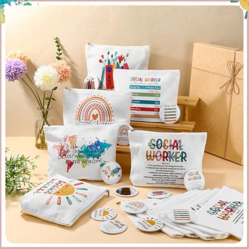 24 Sets Social Worker Gifts Bulk for Women Canvas Cosmetic Bags Makeup Bags and Compact Mirrors Social Worker Appreciation Gifts for MSW LCSW Home Office Decoration