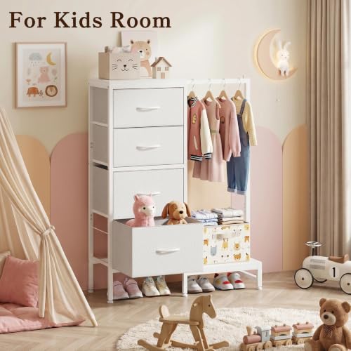 Tall Dresser with Hanging Clothes Rack - White, 44"H, 4 Drawers, Reversible Storage Tower