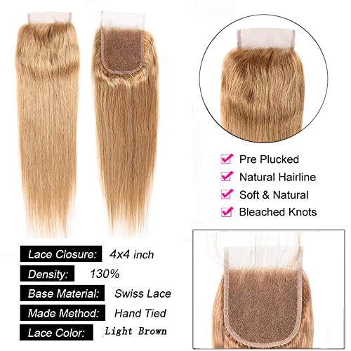 Isufer 10 Inch Honey Blonde Closure 4x4 Swiss Lace Pre Plucked Baby Hair Brazilian Virgin Straight HD Lace