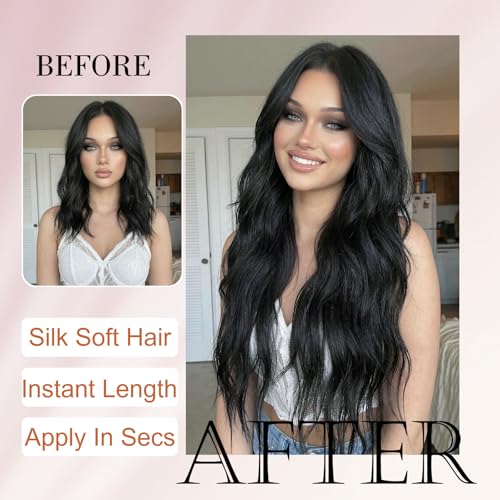 Natural Black 26 Inch Wavy Synthetic Clip-In Hair Extensions - 4PCS